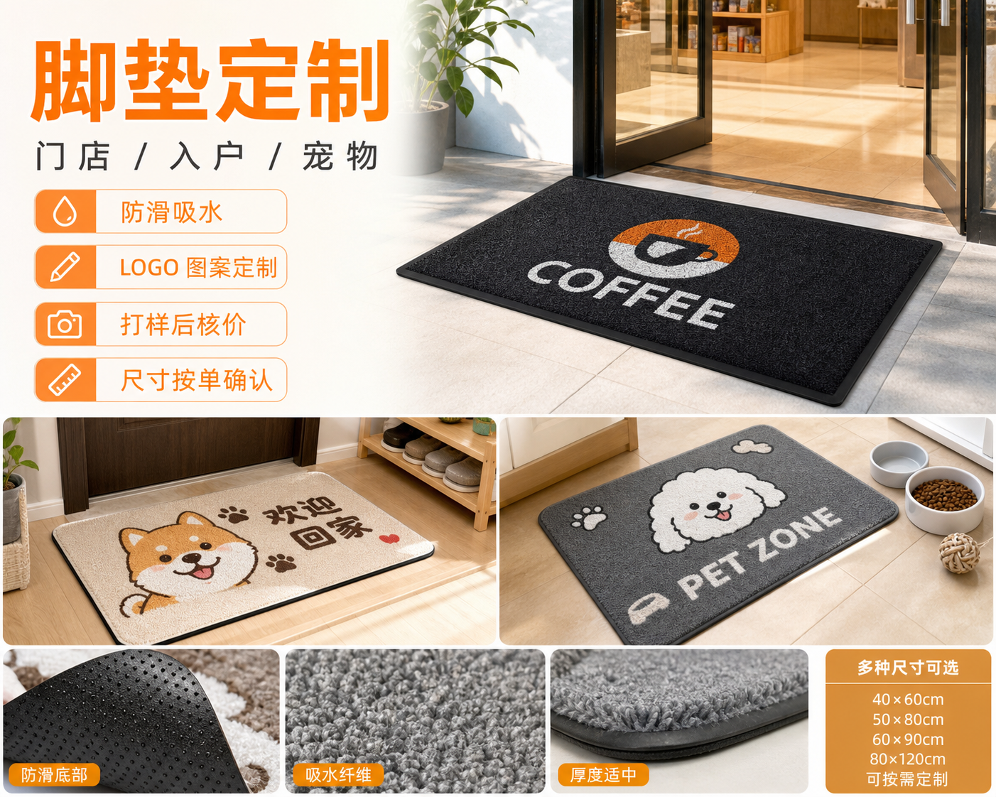 门店、家居和宠物场景的定制脚垫电商展示图